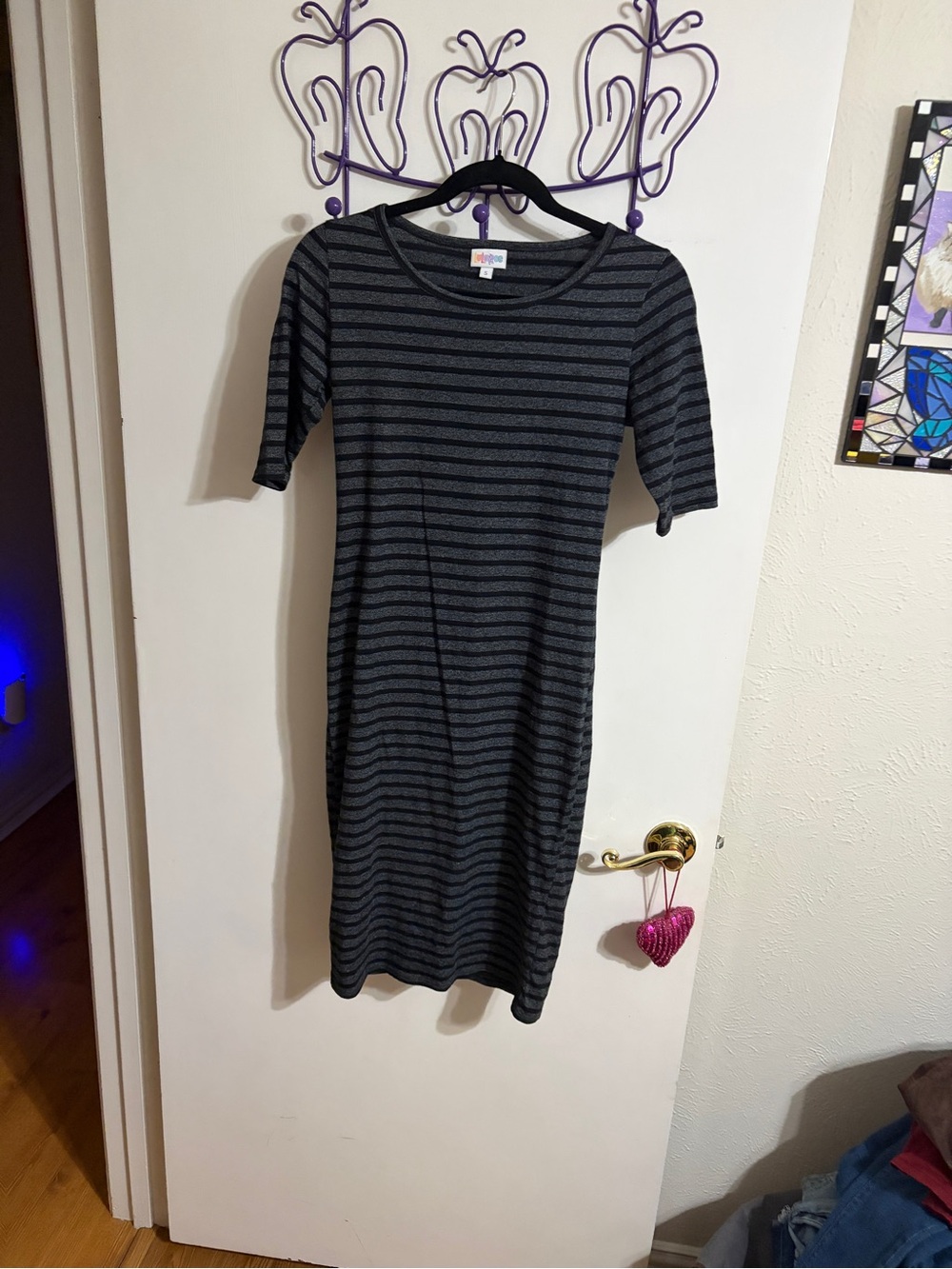 💜 Small LuLaRoe Black & Gray Striped Midi Dress